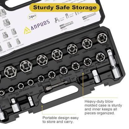 ANPUDS 24 Piece Bolt Extractor Kit, 1/2" and 3/8" Drive Impact Bolt & Nut Remover Set, Stripped Bolt Extractor Set, Lug Nut Removal Tool for Removing Damaged, Frozen, Rusted, Rounded Bolts, Nuts Screw