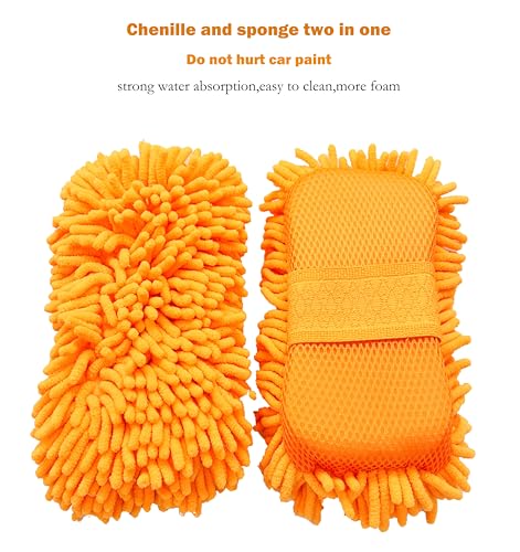 Scratch Free Chenille Microfiber Wash Mitt Car Wash Sponge for SUVs Boats - color: 2 Pack Orange