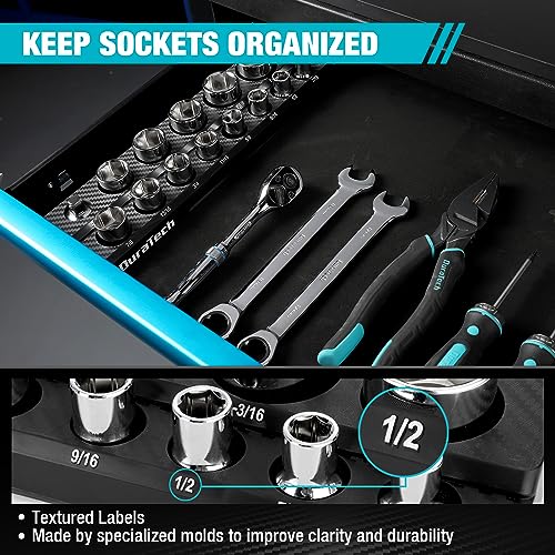 DURATECH Magnetic Socket Organizer Set, 1/2" SAE Socket Holders | Socket Trays, Tool Box, Tool Cart Organizer, Standard & Deep Sockets Organizer, Carbon Fiber, Prevent Scratching, 16-holder - size: 1/2" DR, SAE