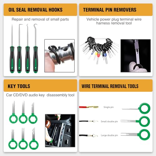 GOOACC 238Pcs Trim Removal Tool, Auto Push Pin Bumper Retainer Clip Set Fastener Terminal Remover Tool Adhesive Cable Clips Kit Car Panel Radio Removal Auto Clip Pliers, Green - color: 120Pcs Clips + 118 Remover Green