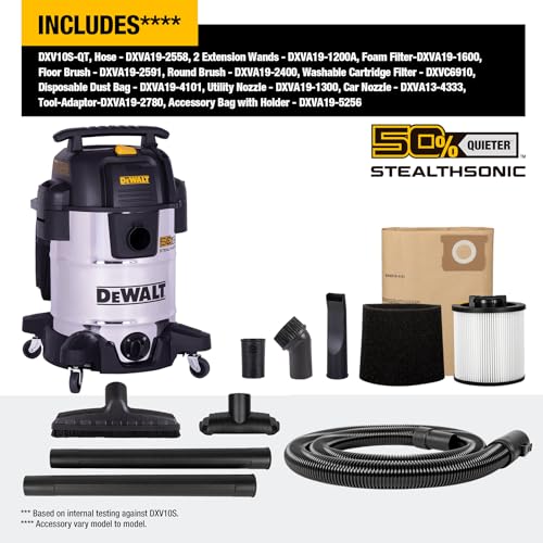 DEWALT 10 Gallon STEALTHSONIC Wet Dry Vacuum, DXV10S-QT Newest Noise Reduction Shop Vac, Ultra Quiet Shop Vacuum Wet and Dry for Home, Garage, Car, Workshop, Stainless Steel Tank, 5 Peak HP