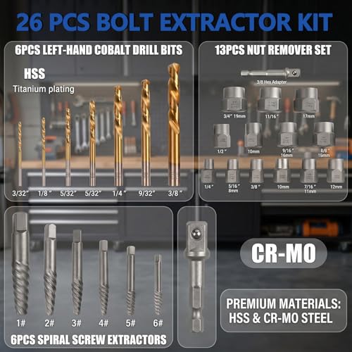26Pcs Bolt Extractor Kit with Left Hand Drill Bits, Easy Out Screw Extractor Set for Damaged Stripped Broken Lug Nuts, Bolts & Screws – Includes Hex Adapter - size: 26PCS
