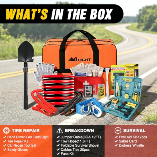 Nilight Car Emergency Kit with Jumper Cable, First Aid Kit Safety Assistance Tools for Travel Camping Outdoor Cars Truck SUV RV, Roadside Essentials with Flash Light - color: Essential Kit+ Tool Set+Tire Repair Fuse kit