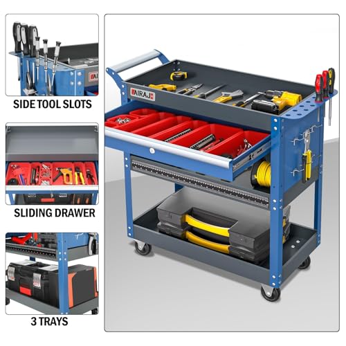 Tool Cart,440LBS Service Cart,4-Tier Tool Cart on Drawers,Hooks,Parts Box and Locking System for Warehouse,Garage,Workshop - size: Blue