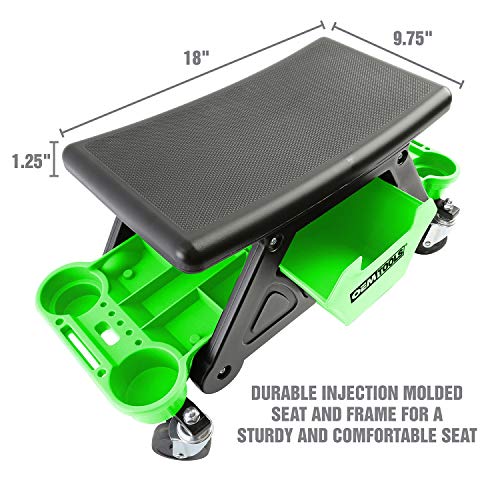 OEMTOOLS 24986 Heavy-Duty Rolling Workbench and Creeper Seat, Mechanics Stool with Wheels, Creepers, Shop Stools with Wheels, Automotive, Green and Black 300 LB Capacity | Molded Creeper Seat & Frame, 4 Multi-Purpose Cup Holders, Sliding Front Drawer for