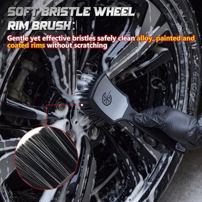 BMLEI Wheel & Tire Brush Set, 2 Pack Car Wheel Brush & Tire Cleaner Brushes | Soft Bristle Rim Brush, Stiff Tire Scrub Brush, Scratch-Free, Wheel Cleaning Kit for Car Detailing, Trucks, SUVs - color: Gray&black