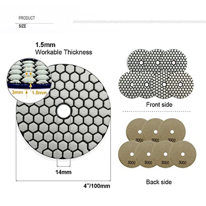 SHDIATOOL 7PCS 4-Inch Dry Diamond Polishing Pads 3000 Grit for Granite | Marble, Quartz & Stone | Diamond Grinding & Sanding Pads | Fits Polishers | Flexible Resin Bond - style: Grit 3000