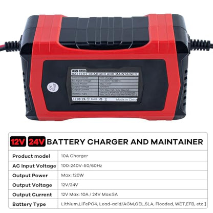 Hosyond Smart Battery Charger 10A 12V & 24V, Trickle Charger, Battery Maintainer and Desulfator, for Lithium,LiFePO4,Lead Acid (AGM/Gel/SLA..), for Car Motorcycle Lawn Mower