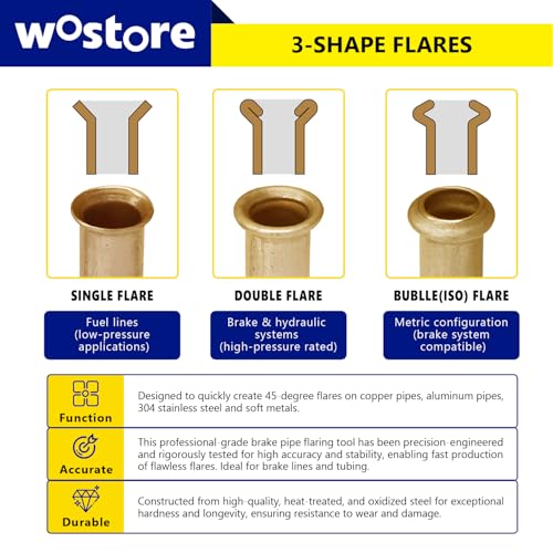Wostore 45°&37° Brake Line Flaring Tool Kit, Single/Double/Bubble, 5 Dies | 45° & 37° single, bubble & double flare. 5 dies: 3/16-3/8 & 4.75mm. Works on copper, stainless steel & soft metal lines.