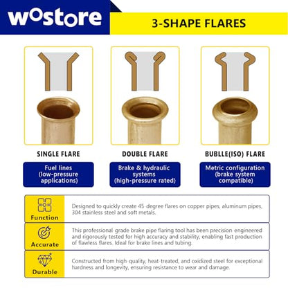 Wostore 45°&37° Brake Line Flaring Tool Kit, Single/Double/Bubble, 5 Dies | 45° & 37° single, bubble & double flare. 5 dies: 3/16-3/8 & 4.75mm. Works on copper, stainless steel & soft metal lines.