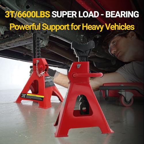 3 Ton Jack Stands, 1 Pair Heavy Duty Steel Car Jack Stands with Double Locking Pins, Adjustable Height for Cars, SUVs, Sedans and Vehicle Repair Maintenance(Red)