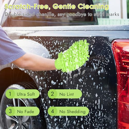 3 Pack Chenille Microfiber Car Wash Mitt, 7" x 9.6", Green | Car Washing Mitts, Home Dusting Gloves, Scratch Free Lint-Free, Highly Absorbent, Double Sided, for Cleaning Detailing Polish - color: Green