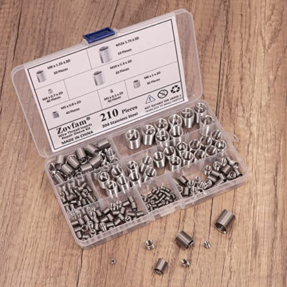 Wire Screw Sleeve Thread Repair Inserts Assortment Kit 304 Stainless Steel Metric M3 M4 M5 M6 M8 M10 M12 Wire Thread Inserts Helical Thread Repair Kit 210Pcs