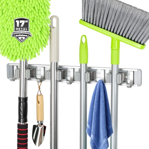 reliahom Broom Holder Wall Mount Mop Hanger Tools organizer 4Racks 5Hooks | Adjustable Stick or Screw Mop Broom Wall Hanging Tool Storage Rack Space-saving for Garage,Kitchen,Laundry Room,Garden,Silver - color: Gray