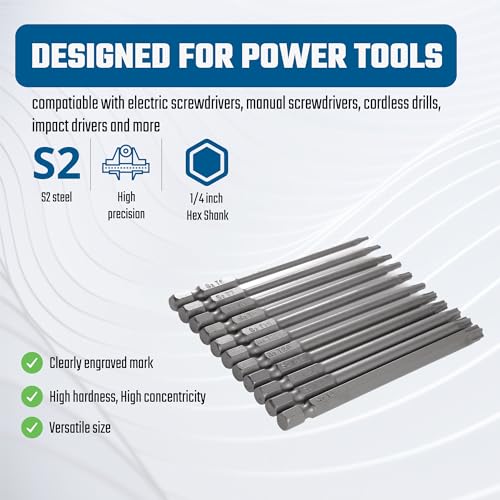 VESTTIO Security Torx Bit Set 11PCS 1/4 Inch Hex Shank 4 Inch/100 mm Length S2 Steel Extended Tamper Proof Star Bit Set with Magnetic for Power Screwdriver Drill Impact Driver - size: T6-T40/4 inch