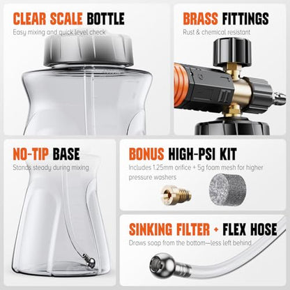 Foam Cannon for Pressure Washer, 1L Snow Foam Lance | 1/4 in quick connect, Includes extra orifice nozzle, foam makers, adjustable spray for cars