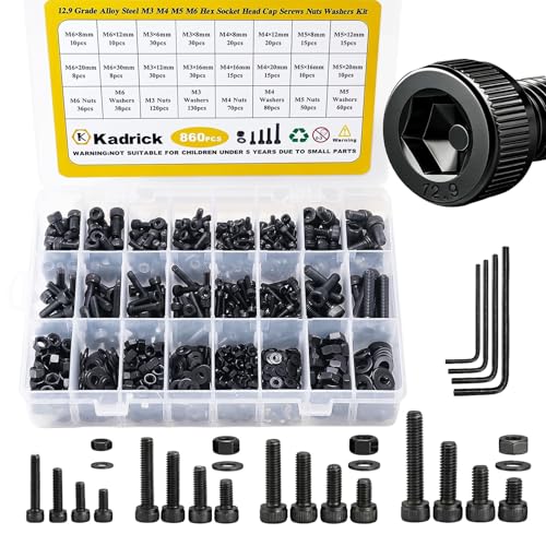 Kadrick Metric Screws Assortment,860PCS M6 M5 M4 M3 Screw Kit, Suitable for 3D Printing DIY,Hex Socket Head Cap Bolts Nuts and Washers Kit, Grade 12.9 Alloy Steel, Black Zinc Plated,Anti Rust Upgrade - size: M3-M6 860Pcs