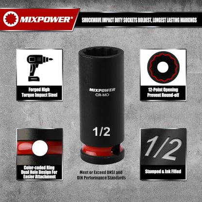 MIXPOWER 12 Pieces 3/8'' Drive Semi-Deep Impact Socket Set,12 Point,SAE,5/16"-1",CR-MO,Axle Nut Impact Grade Socket for Easy Removal - size: 5/16"-1"