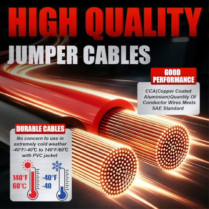Heavy Duty Jumper Cables,6 Gauge 16 Feet Booster Battery Cable,Automotive Wires with LED Light,Alligator Clips,Carrying Bag,Safety Gloves and Iron Brush for Cars Truck - size: 6 Gauge 16 feet (LED)