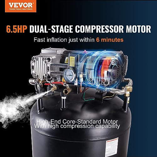 VEVOR 80 Gallons Air Compressor, 6.5HP 15.5SCFM@90 PSI Oil-Free Air Compressor Tank with 145PSI Max Pressure, 86dB Quiet Air Tank for Industrial Manufacturing, Air Brushing, Spraying (3-Phase Power) - size: 80 Gallon | 3-Phase Power