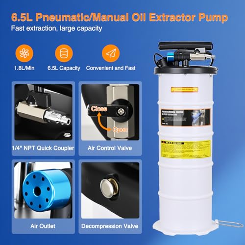 GOOACC Oil Extractor Pump 6.5L Pneumatic Manual Fluid Extractor Pump for Oil Change Tool Kit with Dipstick and Suction Hose Oil Vacuum Pump Extractor for Automotive Boats Motorcycles Fluids Transfer - size: 6.5L Pneumatic/Manual