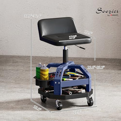 HOMCOM Rolling Mechanic Stool 300 LBS Capacity, Backrest 360° Wheels Blue | Pneumatic Creeper Garage Stool, Heavy Duty Roller Seat, Padded Shop Chair, Tool Tray Storage, Adjustable Height - color: Blue