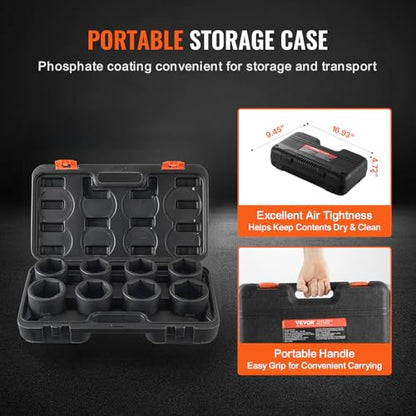 VEVOR Axle Nut Impact Socket Set - 3/4" Drive 6-Point 8-Piece SAE Spindle Nut Socket CR-MO Heat Treated Large Socket Set with Storage Case for Auto Repair, Removing or Installing Axle Nuts - style: 3/4" 8PCS CR-MO
