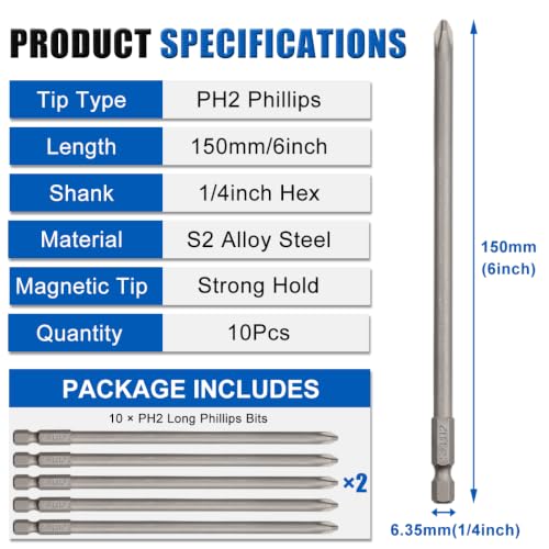 Wolfride 10pcs PH2 Long Magnetic Phillips Driver Bits 1/4 Inch Hex Shank Phillips Head Drill Bit Set Cross head screwdriver bits |5.9 Inch Length - style: PH2 Head