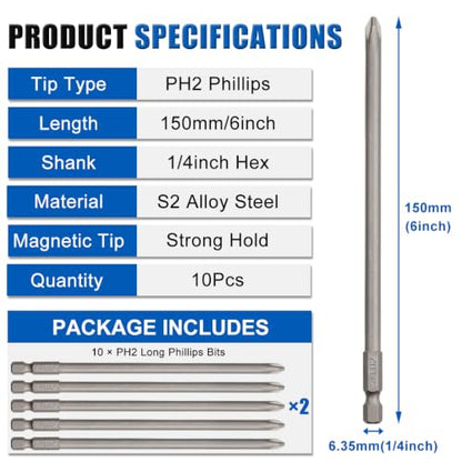 Wolfride 10pcs PH2 Long Magnetic Phillips Driver Bits 1/4 Inch Hex Shank Phillips Head Drill Bit Set Cross head screwdriver bits |5.9 Inch Length - style: PH2 Head