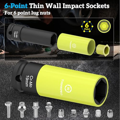 Impact Lug Nut Socket Set-7 Pieces Thin Wall Impact Sockets,17,19,21 mm Non-Marring Deep Wheel Lug Nut Sockets Come with Bolt Extractor for Anti-Theft Wheel Nuts