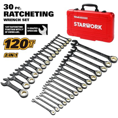 STARWORK TRUE MECHANIC™ 30-Piece 2-IN-1 Ratcheting Wrench Set, 120-Tooth, SAE&Metric, Gift Series with Red Case, Professional