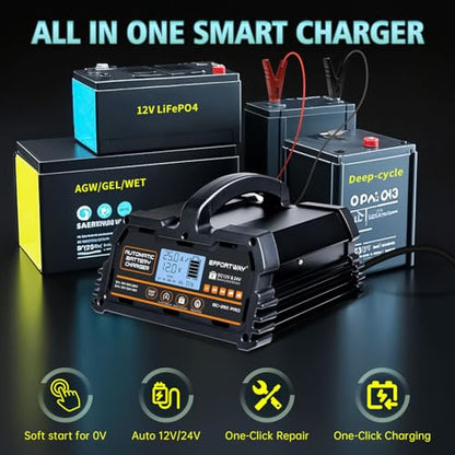 25A Battery Charger, 12V/24V Lead Acid, 12V LiFePO4. Smart Battery Charger with Trickle Charge. Car Battery Maintainer with LCD Display. Suitable for Trucks, Motorcycles - size: 25A