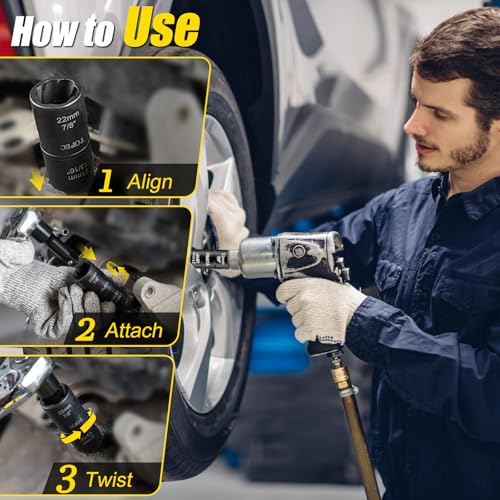 Topec Flip Lug Nut Removal Tool, 5 Piece Wheel Lock Removal Kit, 1/2" Drive Lug Nut Remover, 17-27mm Extractor Socket Set for Stripped, Rounded, Damaged Bolts - size: 5PCS 17-27mm