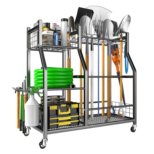 EVERHANGER Garden Tool Organizer Stand, Garage Tool Storage Organization, Yard Tool Racks with lockable wheels, Fit for Long-Handled Tools/Rakes/Brooms - size: Large