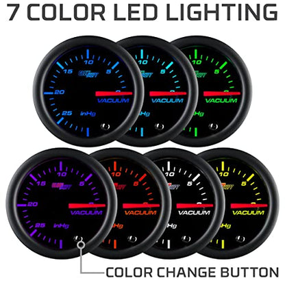 GlowShift Tinted 7 Color -30 inHg Vacuum Gauge Kit, 2-1/16" 52mm | Includes Mechanical Hose, T-Fitting & Wiring, Multi-Color Analog Display, Black Dial, Smoked Lens, For Car & Truck