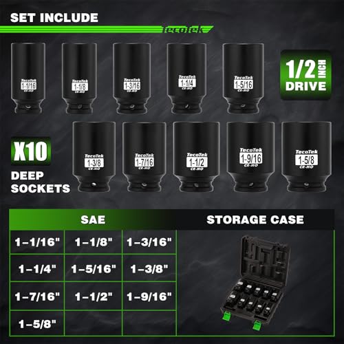 TecoTek 1/2" Drive Deep 6-Point Impact Socket Set, 10-Piece Deep SAE Spindle Axle Nut Impact Socket Set, Cr-Mo, 1-1/16-Inch to 1-5/8-Inch Size, Enhanced Storage Case - size: 1-1/16" to 1-5/8"