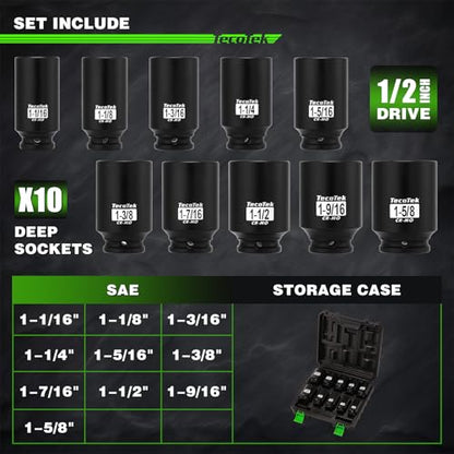 TecoTek 1/2" Drive Deep 6-Point Impact Socket Set, 10-Piece Deep SAE Spindle Axle Nut Impact Socket Set, Cr-Mo, 1-1/16-Inch to 1-5/8-Inch Size, Enhanced Storage Case - size: 1-1/16" to 1-5/8"