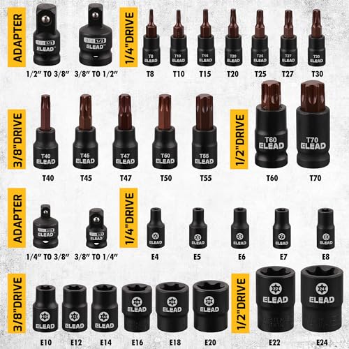 31-Piece Torx Bit Socket Set: 14 Star Bits T8-T70 & 13 E-Torx Sockets E4-E24, Premium CR-V & S2 Alloy Steel, High Torque Laser Marked for Automotive Mechanic - style: 31-Piece Torx Bit Socket Set