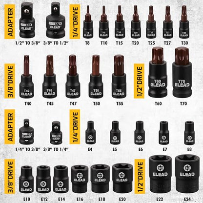 31-Piece Torx Bit Socket Set: 14 Star Bits T8-T70 & 13 E-Torx Sockets E4-E24, Premium CR-V & S2 Alloy Steel, High Torque Laser Marked for Automotive Mechanic - style: 31-Piece Torx Bit Socket Set