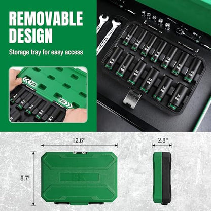 SK 1/2" Drive Impact Socket Set, Deep Metric Sockets, 13-Piece 12-27mm, Premium CR-MO Steel, SureGrip 6 Point Design, With Storage Case - size: Metric