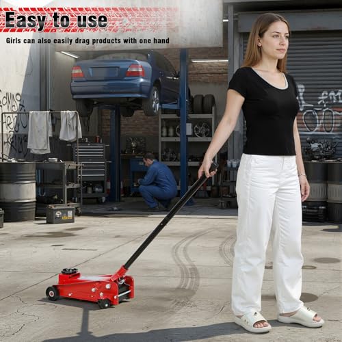 3 Ton Floor Jack (6600 lbs) - Heavy Duty Steel Low Profile Hydraulic Car Jack for Home Garage Use, Fast Lift Service Jack with Wheels, Lifting Range (Red - Large) - color: Red - Large