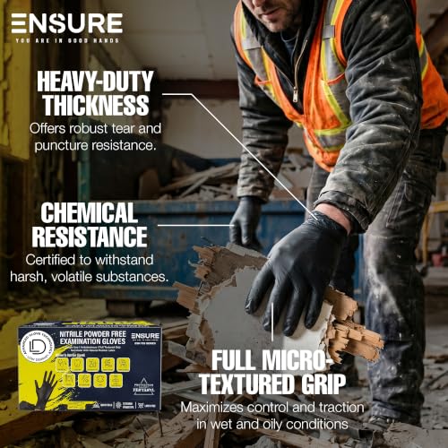 Ensure Black Nitrile Gloves – 7 Mil Heavy-Duty Disposable Gloves, Low Dermatitis, Powder & Latex Free, Puncture & Chemical Resistant for Mechanic, Industrial, Food Service, Medical Use (100, Medium) - size: Medium