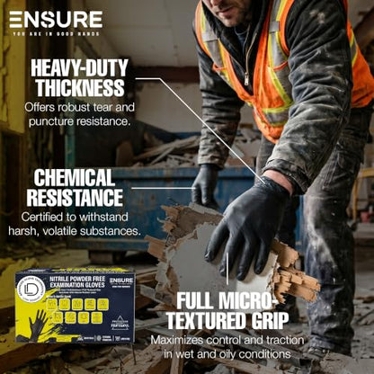 EnSure Black Nitrile Gloves – 7 Mil Heavy-Duty Disposable Gloves, Low Dermatitis, Powder & Latex Free, Puncture & Chemical Resistant for Mechanic, Industrial, Food Service, Medical Use (100, XX-Large) - size: XX-Large