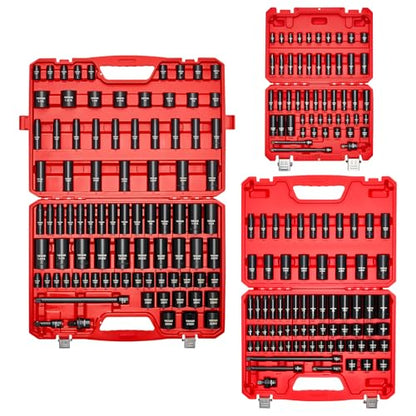 VEVOR 1/4 & 3/8 & 1/2 Inch Drive Impact Socket Set, 210-Piece Metric and Standard Full Sockets, Deep & Shallow, CR-V, 6 Point, Extension Bars, Universal Joint, Three Carrying Cases - style: 1/2" & 3/8" & 1/4" 210PCS