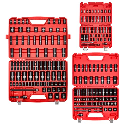 VEVOR 1/4 & 3/8 & 1/2 Inch Drive Impact Socket Set, 210-Piece Metric and Standard Full Sockets, Deep & Shallow, CR-V, 6 Point, Extension Bars, Universal Joint, Three Carrying Cases - style: 1/2" & 3/8" & 1/4" 210PCS