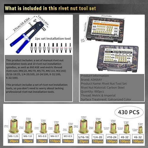 ASKWAY Rivet Nut Tool Set SAE & Metric 860 PCS SAE Pressure Rivet Nut Kit | 860pcs Carbon Steel Rivet Nut tool, SAE Rivet Nut (5/16-20, 1/4-20, 10-24, 8-32, 6-32), Metric Rivet Nut (M8, M6, M5, M4, M3)