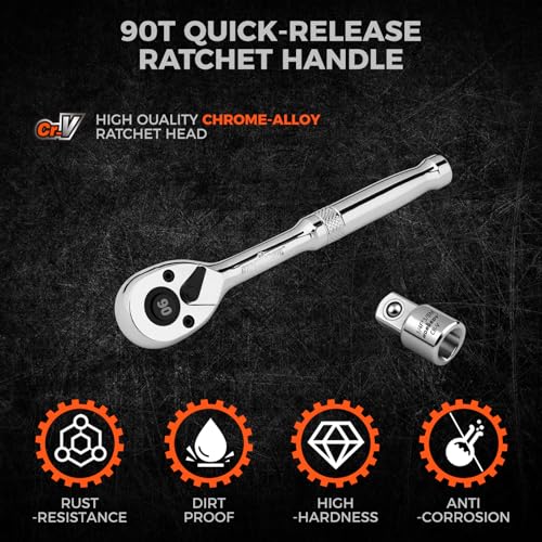 HORUSDY 1/4" Drive 90-Tooth Quick-Release Ratchet Handle with 1/4" to 3/8" Adapter, Reversible Thin Profile Socket Wrench, 4° Swing Arc, Ergonomic Anti-Slip Grip, Ideal for Auto, Bike & Home Repair - style: 1/4" Drive 90T