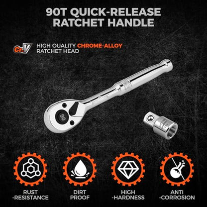 HORUSDY 1/4" Drive 90-Tooth Quick-Release Ratchet Handle with 1/4" to 3/8" Adapter, Reversible Thin Profile Socket Wrench, 4° Swing Arc, Ergonomic Anti-Slip Grip, Ideal for Auto, Bike & Home Repair - style: 1/4" Drive 90T