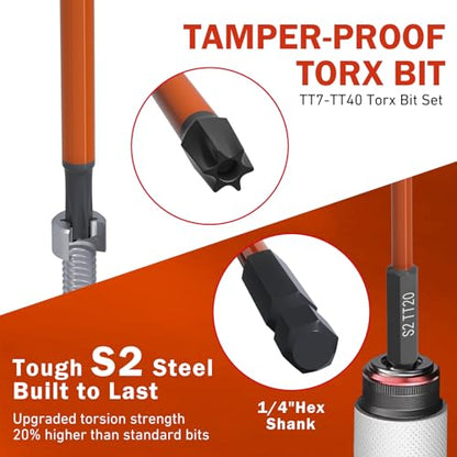 XOOL 13-Piece Long Torx Security Bit Set, 6-Inch (150mm), TT7–TT40, Magnetic S2 Steel, 1/4" Hex Shank, CNC Precision Tips for Impact Drivers - style: Torx Security