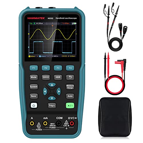 HANMATEK Handheld Digital Oscilloscope 50Mhz Bandwidth with 2 Channels HO52 3.5" TFT Mini Oscilloscope, 2 in 1 Oscilloscope and Multimeter, Backlit Screen, Auto-Calibration Function, Memory Function - style: 50 Mhz